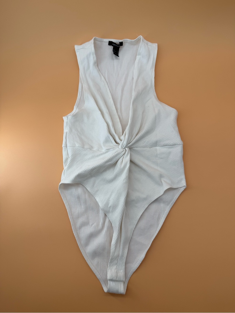 Forever21 Ribbed Twist Front Sleeveless Bodysuit - White
